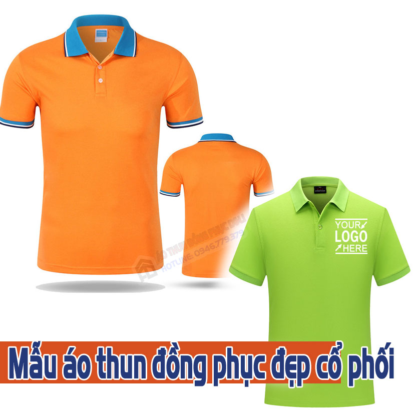 mẫu áo thun đồng phục đẹp màu cam màu xanh cổ phối